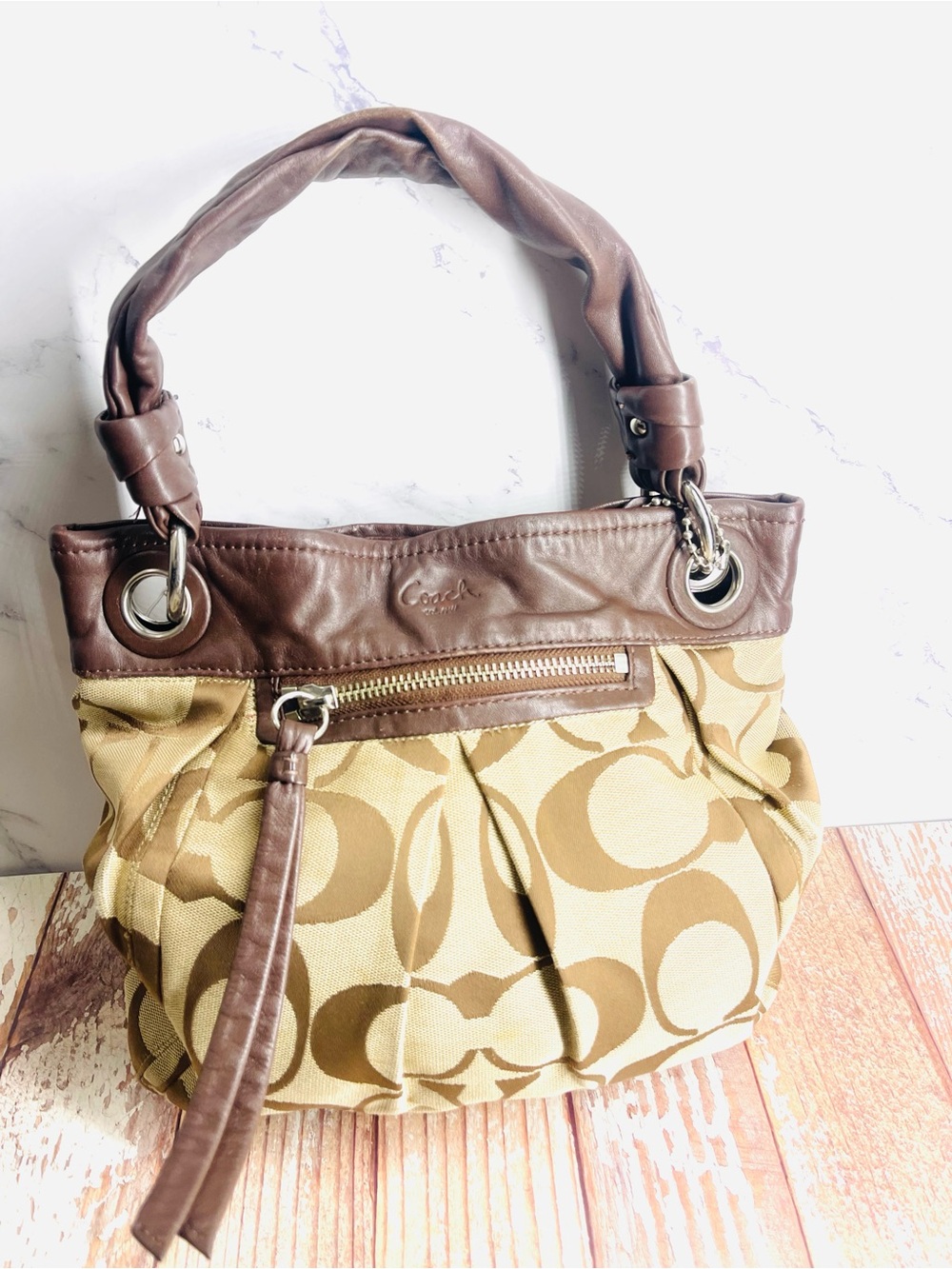 Coach Tan and Brown Signature Canvas Shoulder Bag Vintage CC logo